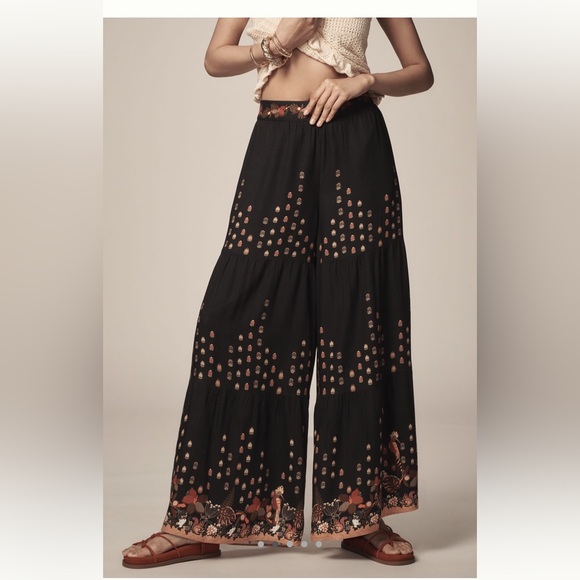 Anthropologie Pants - Ranna Gill Black wide leg pants with Orange and Red Floral Design